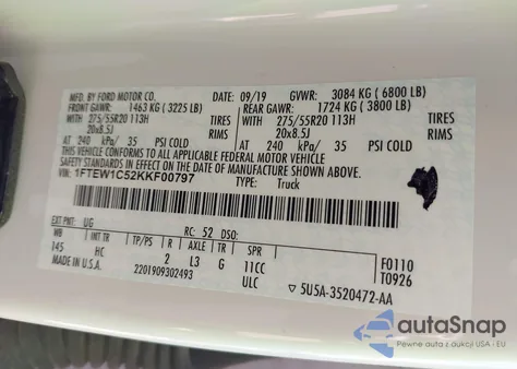 2019 Ford F-150 Lariat из США, поврежденный, VIN 1FTEW1C52KKF00797